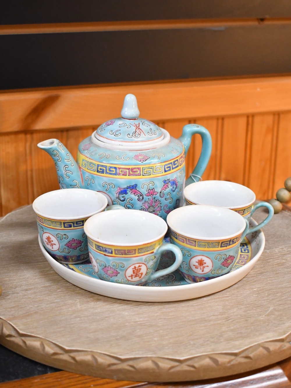 Vintage Famile Rose Lonevity Chinese Porcelain Tea Set Wan Shou Wu Jiang Floral